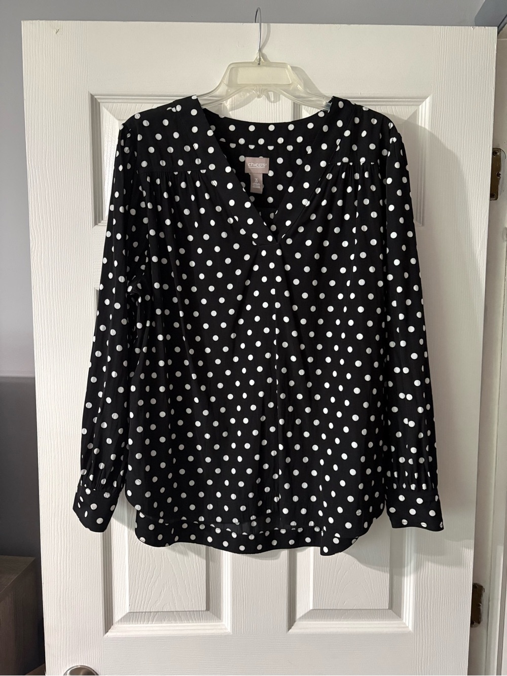 Chico’s Black & White Polka Dot V-Neck Blouse